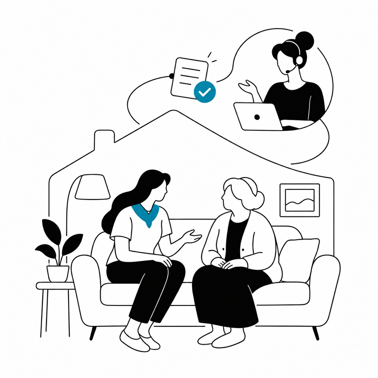 Illustration of a care professional talking with an older adult, connected to an office team member